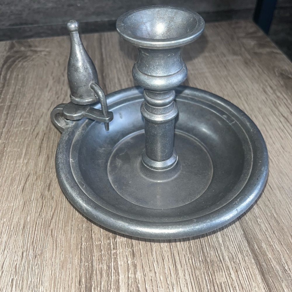 Vintage Pewter Chamberstick Candle Holder w/ Snuffer – Made in Spain – 6”